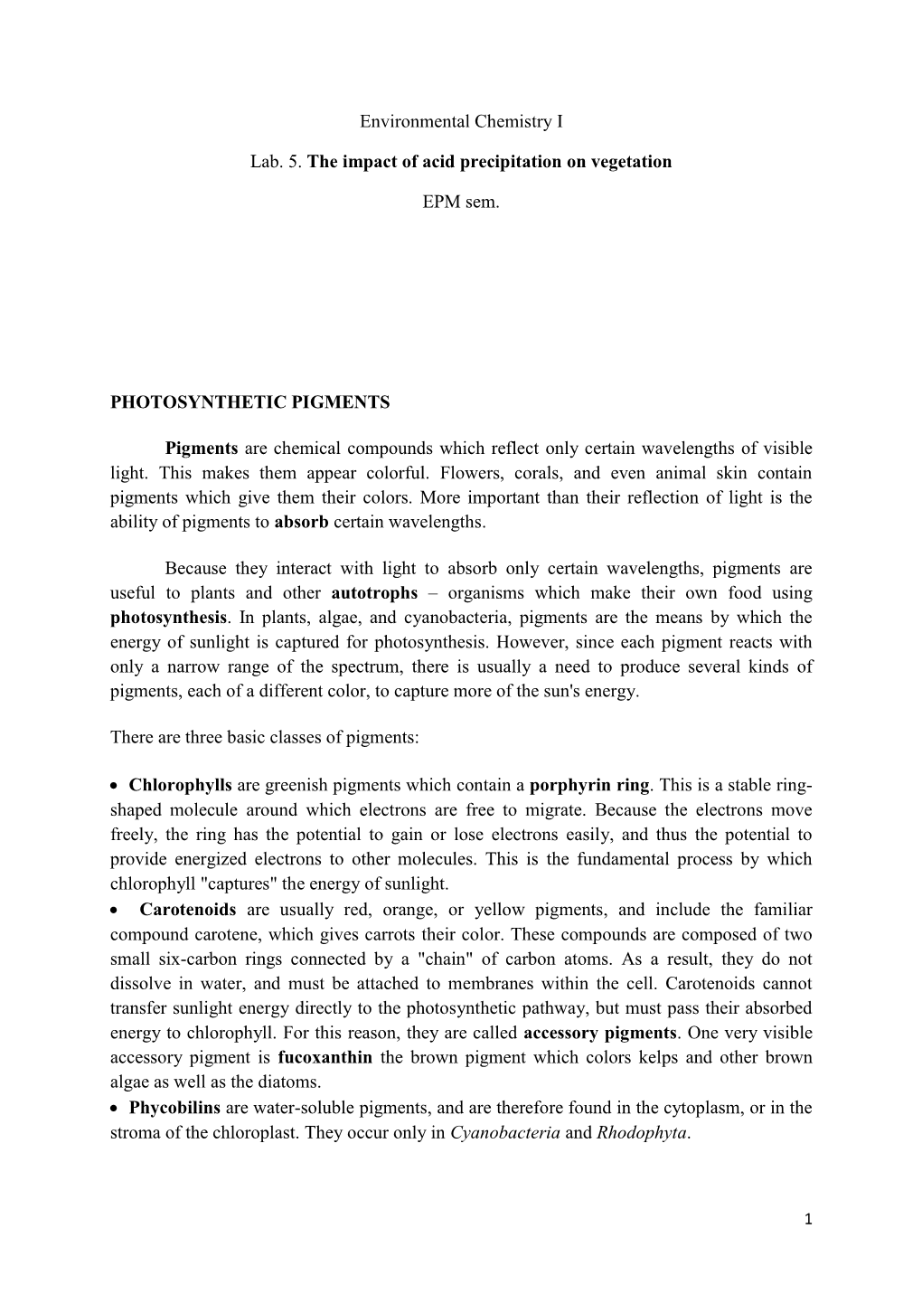 Environmental Chemistry I Lab. 5. the Impact of Acid Precipitation On