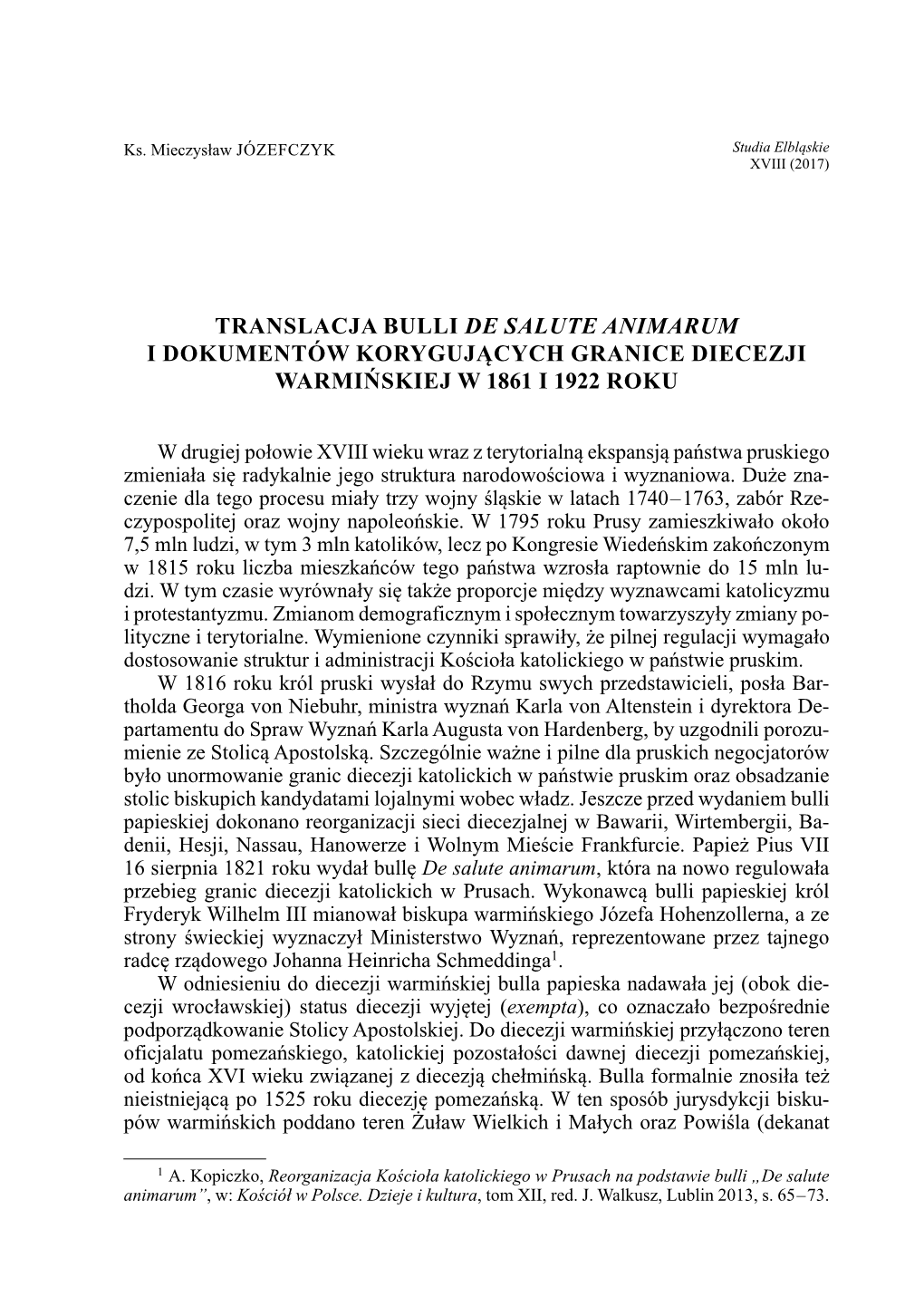 Translacja Bulli De Salute Animarum I Dokumentów Korygujących Granice Diecezji Warmińskiej W 1861 I 1922 Roku