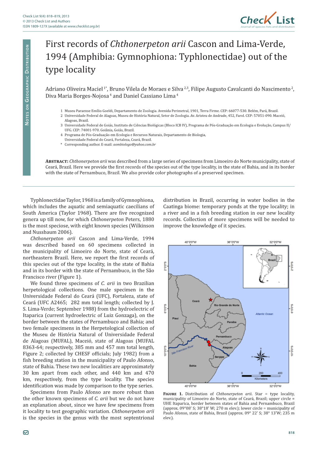 Check List 9(4): 818–819, 2013 © 2013 Check List and Authors Chec List ISSN 1809-127X (Available at Journal of Species Lists and Distribution