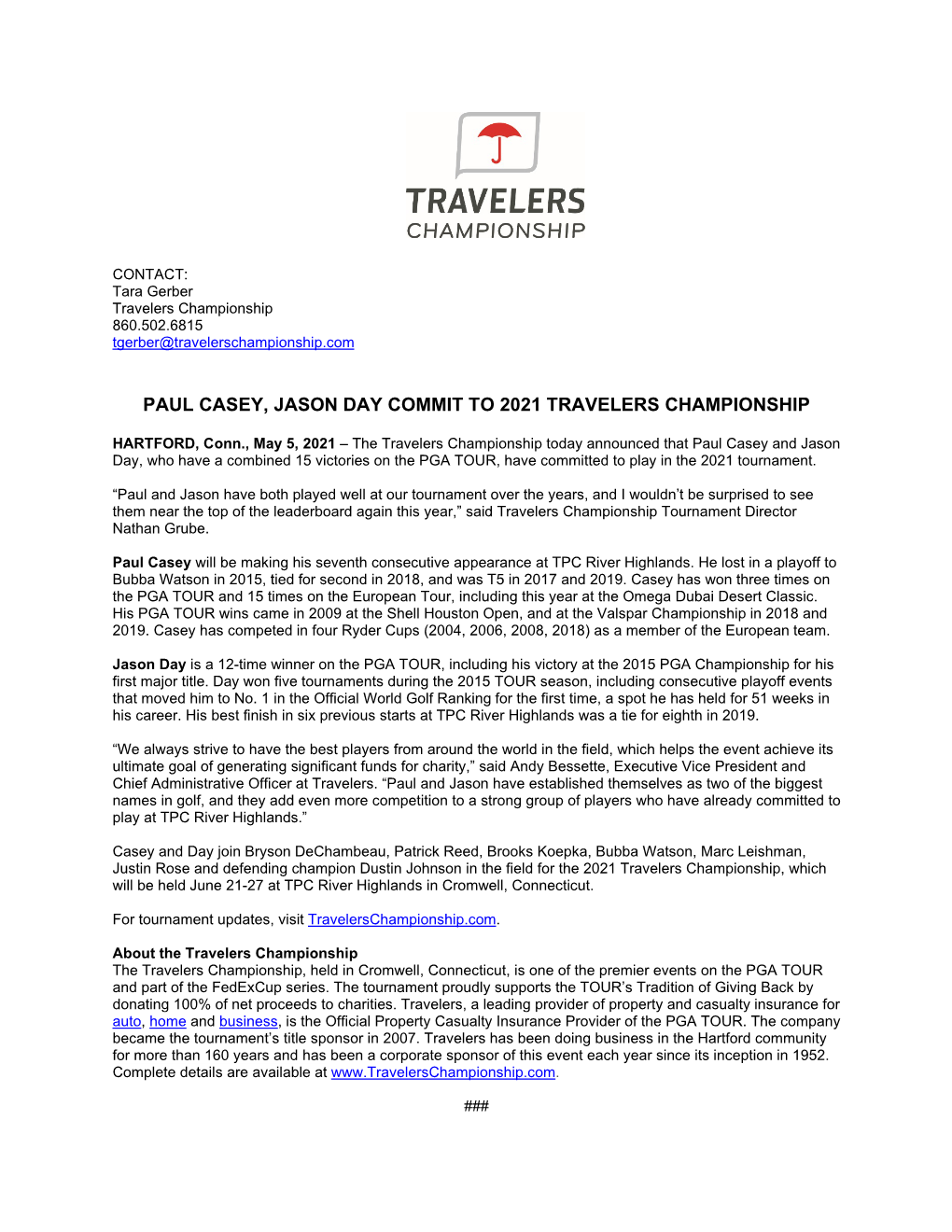 Paul Casey, Jason Day Commit to 2021 Travelers Championship