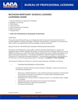 Michigan Mortuary Science Licensee Licensing Guide