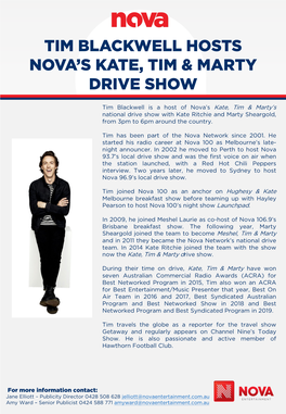 Tim Blackwell Hosts Nova's Kate, Tim & Marty Drive Show
