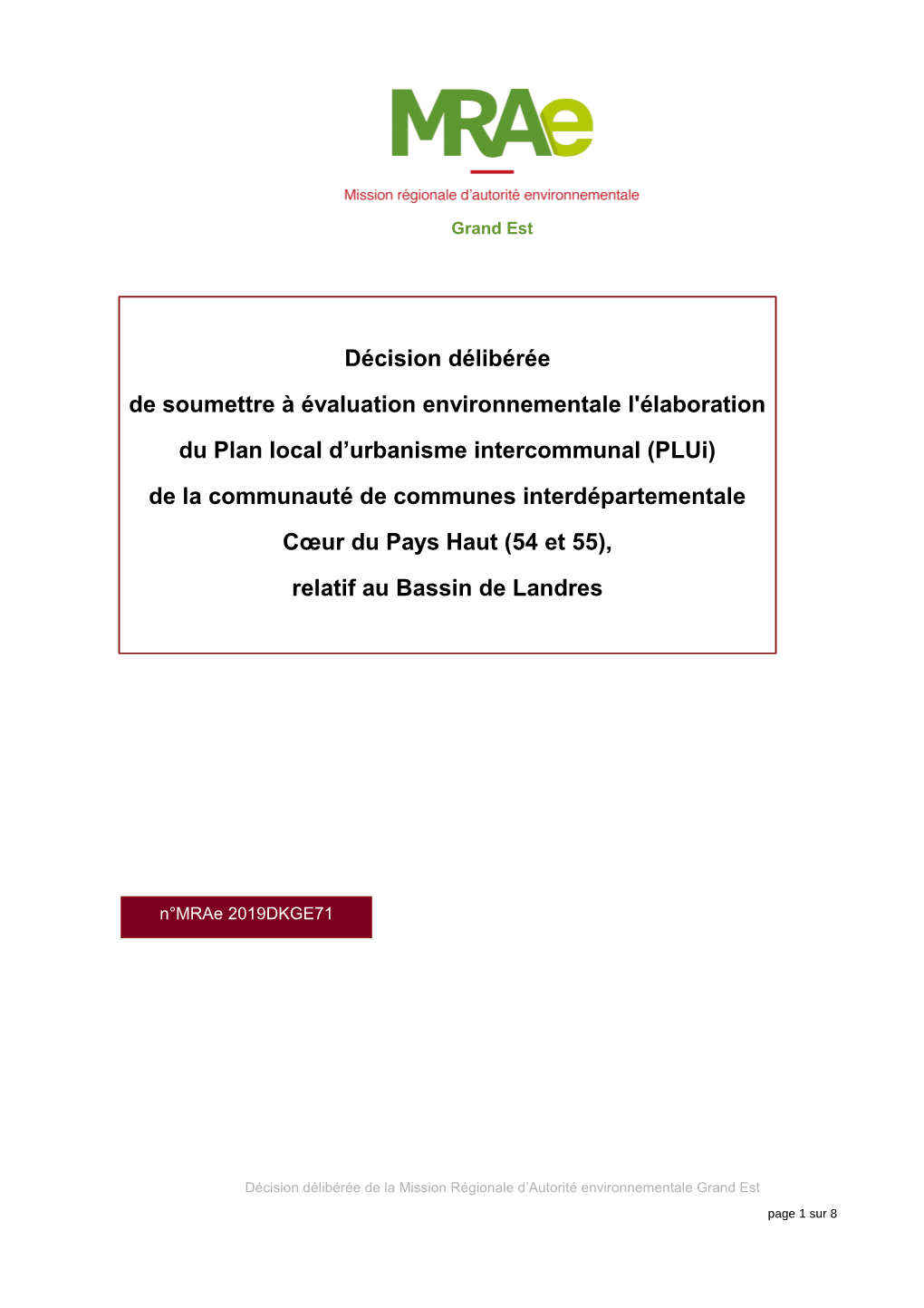 Plui) De La Communauté De Communes Interdépartementale Cœur Du Pays Haut (54 Et 55), Relatif Au Bassin De Landres