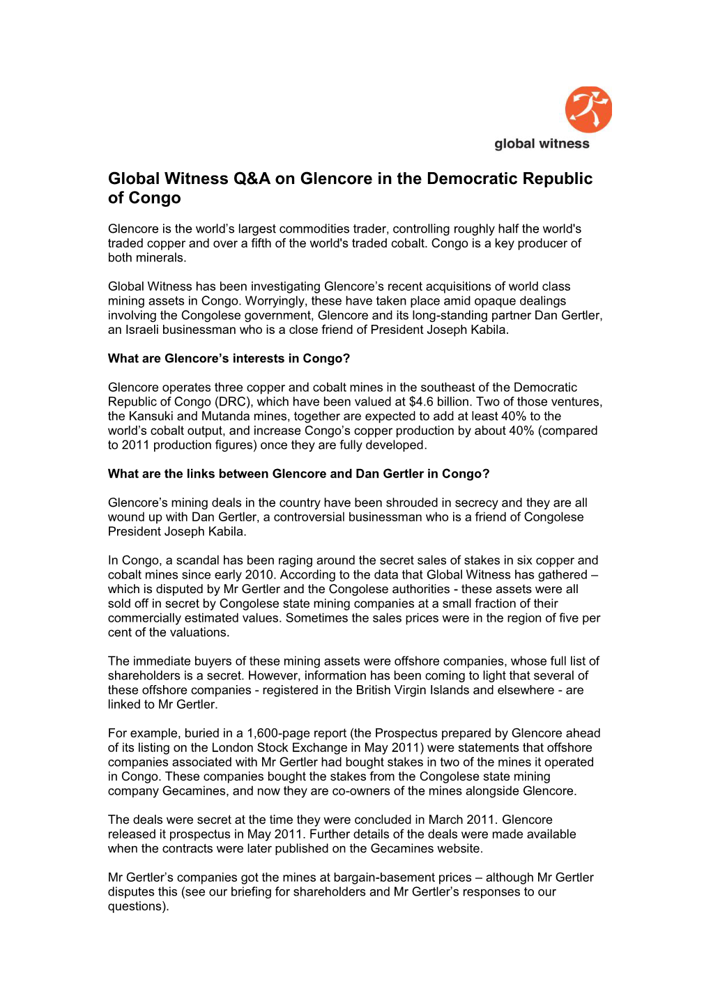 Global Witness Q&A on Glencore in the Democratic Republic of Congo