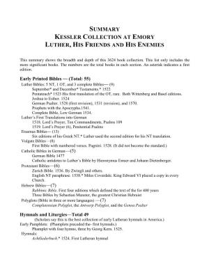Summary Kessler Collection at Emory Luther, His Friends and His Enemies