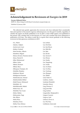 Acknowledgement to Reviewers of Energies in 2019 Energies Editorial Office MDPI, St