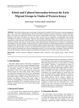 Cultural Interaction, Migration, Settlement, Ethnic Interaction, Early Migrant Groups, Yimbo, Western Kenya