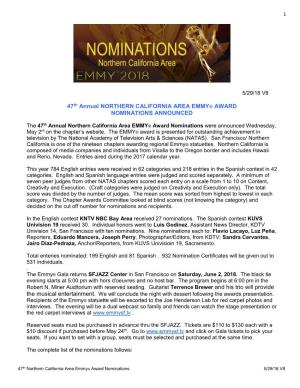 47Th Annual NORTHERN CALIFORNIA AREA EMMY® AWARD NOMINATIONS ANNOUNCED