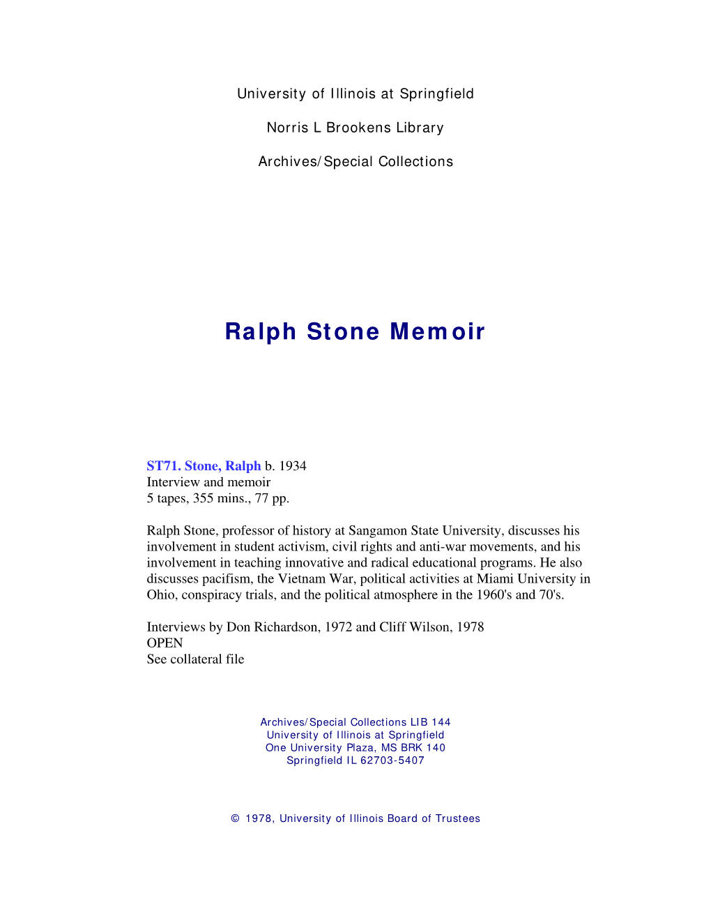 Ralph Stone Memoir