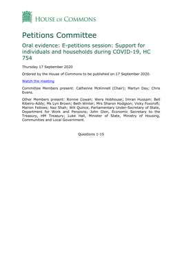 Petitions Committee Oral Evidence: E-Petitions Session: Support for Individuals and Households During COVID-19, HC 754