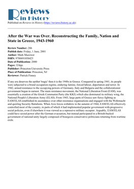 After the War Was Over. Reconstructing the Family, Nation and State in Greece, 1943-1960