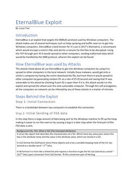 Eternalblue Exploit By: Lucas Tran Introduction Eternalblue Is an Exploit That Targets the Smbv01 Protocol Used by Windows Computers