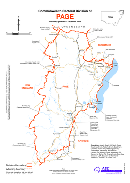 Commonwealth Electoral Division of  PAGE NSW Boundary Gazetted 22 December 2009 