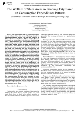 The Welfare of Slum Areas in Bandung City Based on Consumption Expenditures Patterns (Case Study: Slum Areas Babakan Surabaya, Kiaracondong, Bandung City)