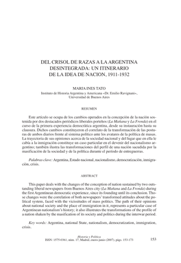 Del Crisol De Razas a La Argentina Desintegrada: Un Itinerario De La Idea De Nación, 1911-1932