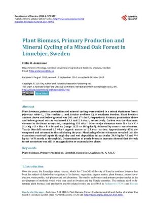Plant Biomass, Primary Production and Mineral Cycling of a Mixed Oak Forest in Linnebjer, Sweden