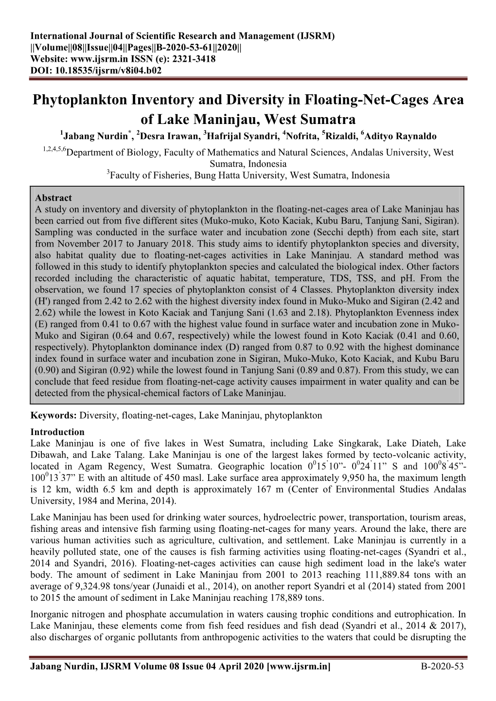 Phytoplankton Inventory and Diversity in Floating-Net-Cages Area of Lake