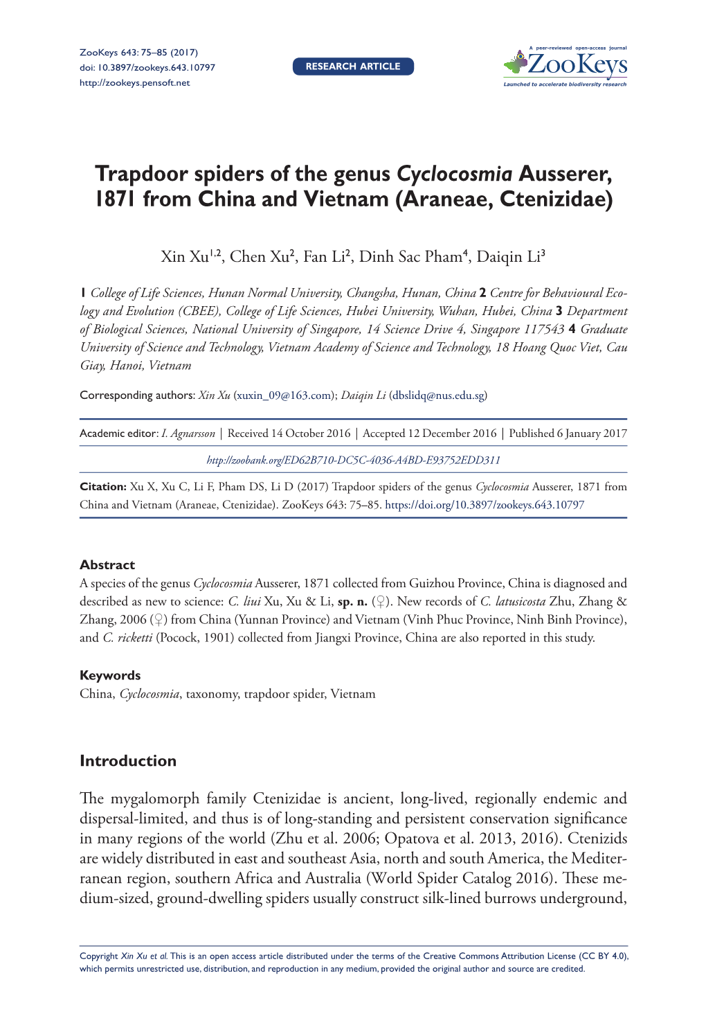 Trapdoor Spiders of the Genus Cyclocosmia Ausserer, 1871 from China and Vietnam (Araneae, Ctenizidae)