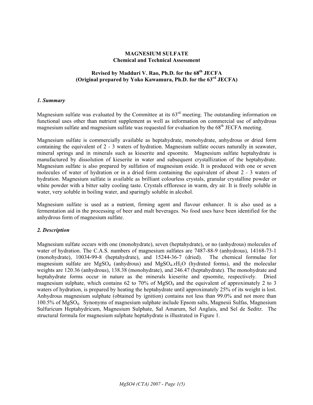 MAGNESIUM SULFATE Chemical and Technical Assessment