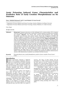 Acute Poisoning Induced Coma: Characteristics and Predictive Role of Early Creatine Phosphokinase on Its Outcome
