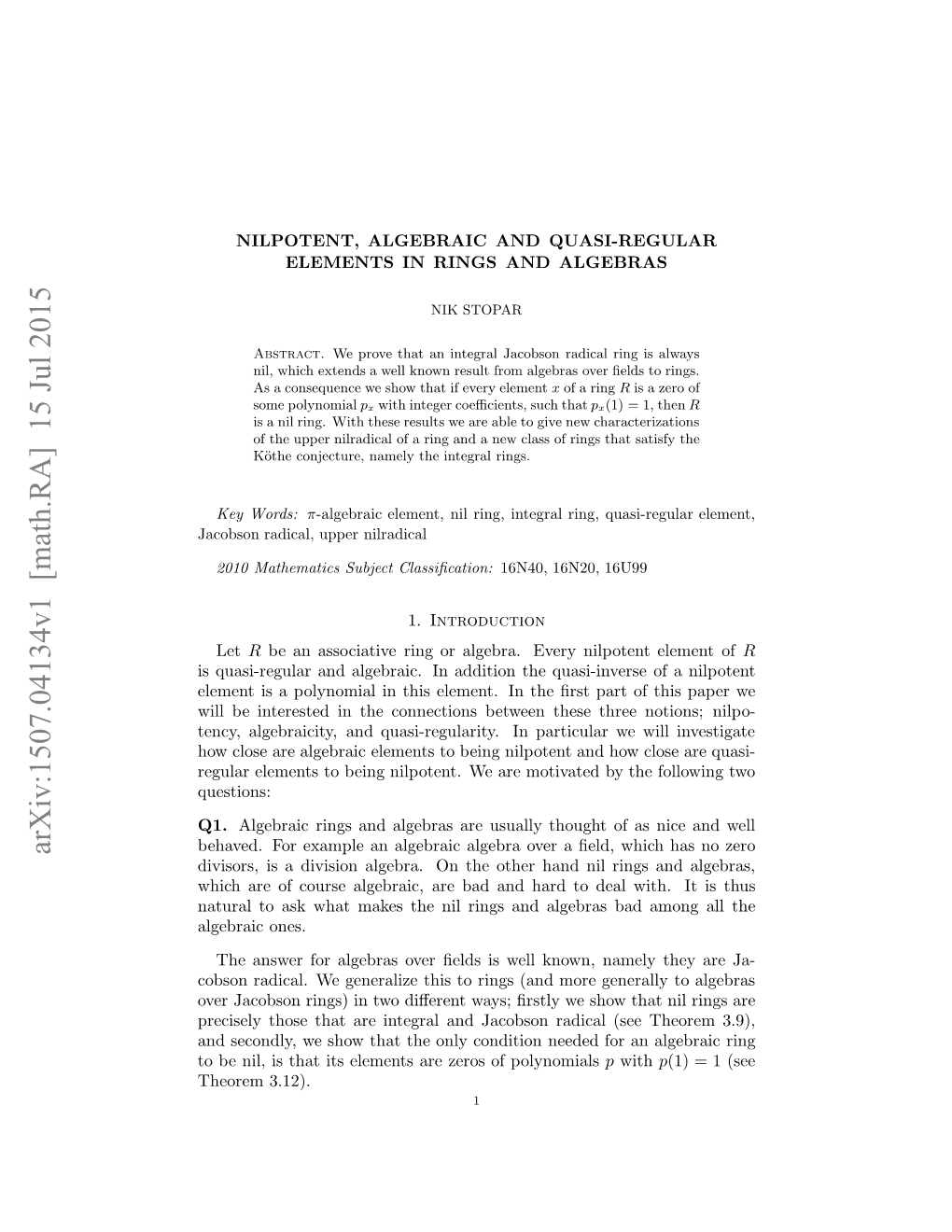 Arxiv:1507.04134V1 [Math.RA]