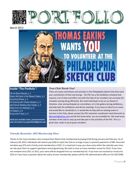 Inside “The Portfolio”: Your Club Needs You! There Are Many Committees and Activities in the Philadelphia Sketch Club That Need HS Art Show Results: P