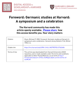 Foreword: Germanic Studies at Harvard: a Symposium and a Celebration