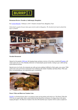 Restaurant Review: Paradise @ Indiranagar, Bengaluru by Vaishali Bhambri / February 4, 2015 . Posted in Around Town, Bangalore