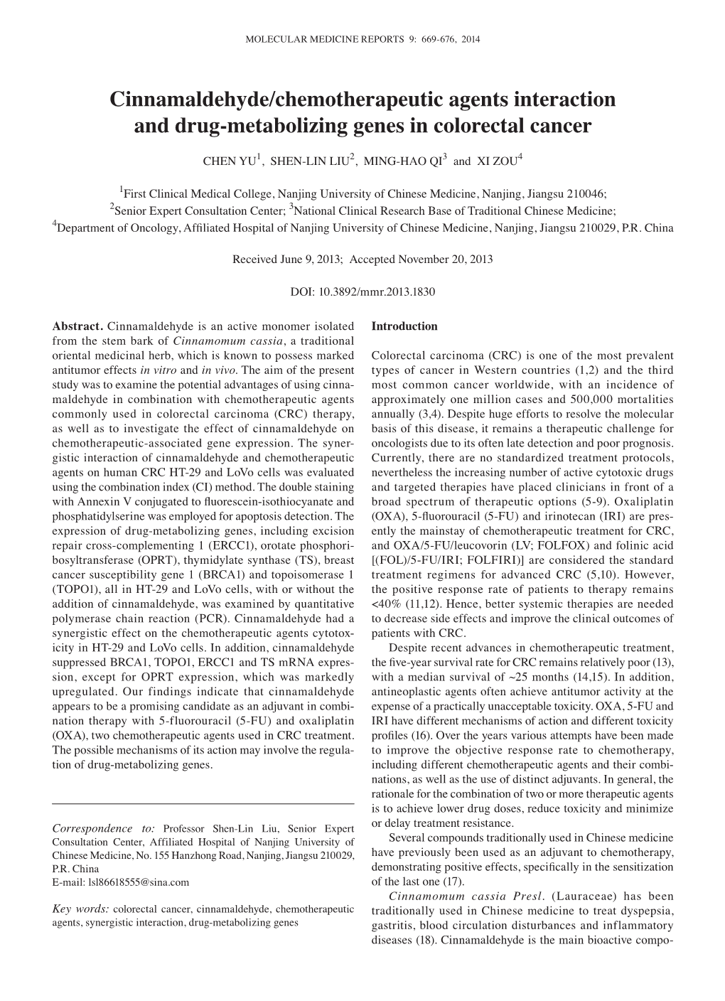 Cinnamaldehyde/Chemotherapeutic Agents Interaction and Drug-Metabolizing Genes in Colorectal Cancer