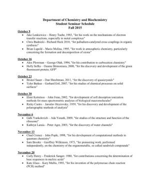 Department of Chemistry and Biochemistry Student Seminar Schedule Fall 2015