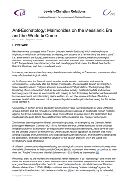 Anti-Eschatology: Maimonides on the Messianic Era and the World to Come 02.01.2020 | Raphael Jospe*