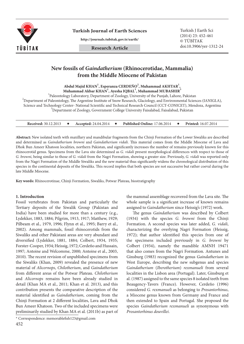 New Fossils of Gaindatherium (Rhinocerotidae, Mammalia) from the Middle Miocene of Pakistan