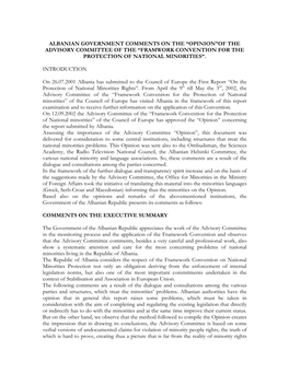 Albanian Government Comments on the “Opinion”Of the Advisory Committee of the “Framwork Convention for the Protection of National Minorities”