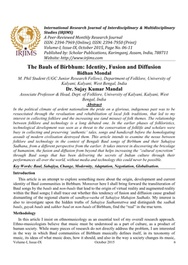 The Bauls of Birbhum: Identity, Fusion and Diffusion Bidhan Mondal M