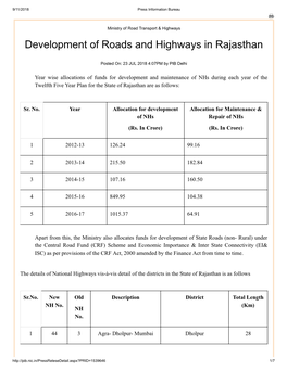 Development of Roads and Highways in Rajasthan