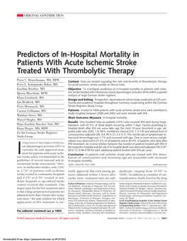 Predictors of In-Hospital Mortality in Patients with Acute Ischemic Stroke Treated with Thrombolytic Therapy