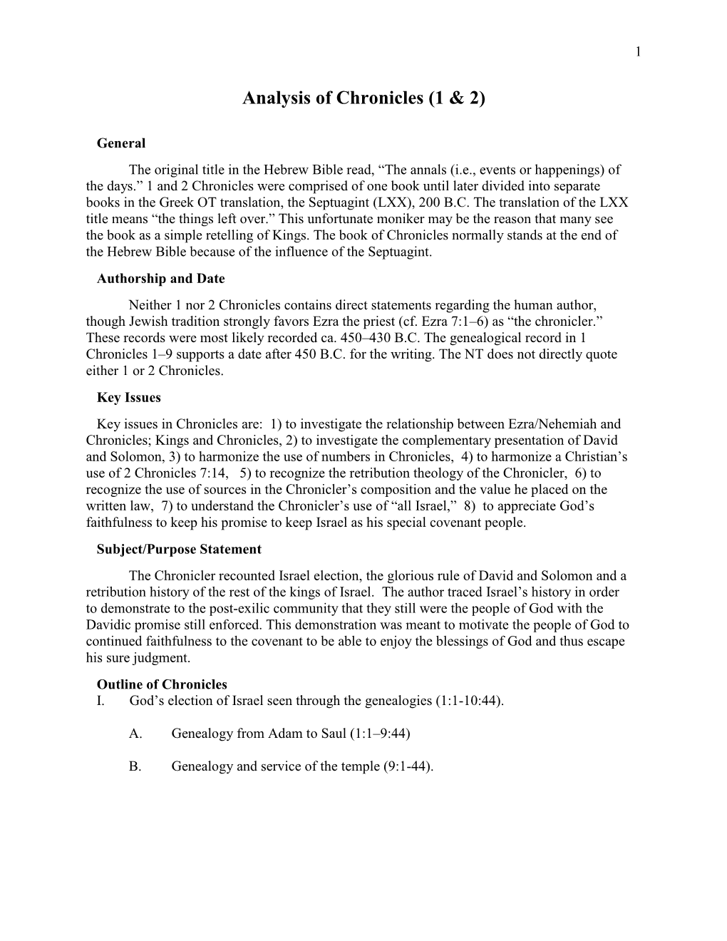 Analysis of Chronicles (1 & 2)