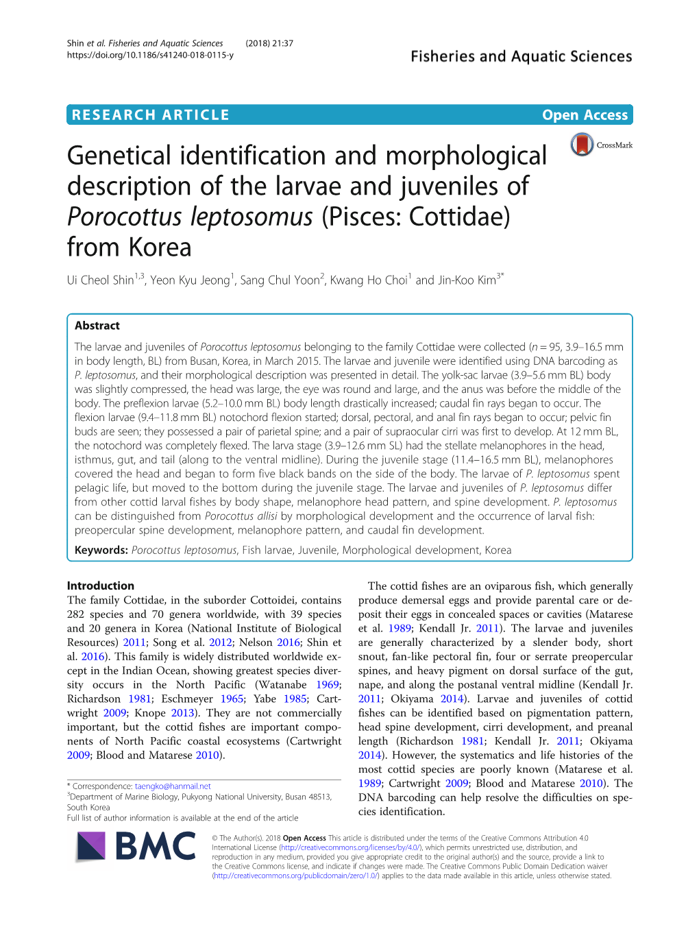 Genetical Identification and Morphological Description of the Larvae and Juveniles of Porocottus Leptosomus