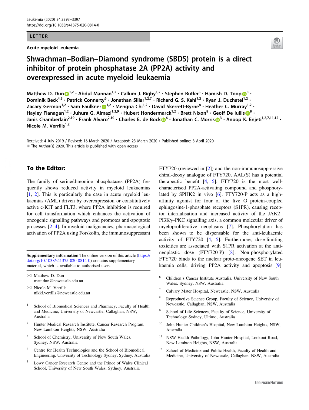 (SBDS) Protein Is a Direct Inhibitor of Protein Phosphatase 2A (PP2A) Activity and Overexpressed in Acute Myeloid Leukaemia
