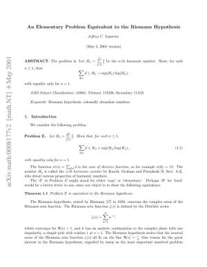 [Math.NT] 6 May 2001 Number Neeti H Imn Yohss Eaddb Aya H M the As Many by Regarded Hypothesis, Riemann the in Interest ABSTRACT