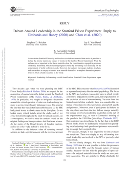Debate Around Leadership in the Stanford Prison Experiment: Reply to Zimbardo and Haney (2020) and Chan Et Al