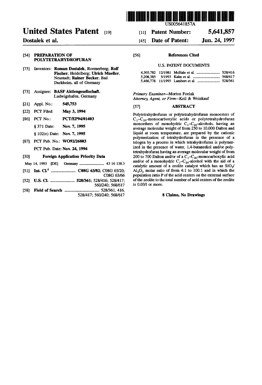 United States Patent (19) 11 Patent Number: 5,641,857 Dostalek Et Al