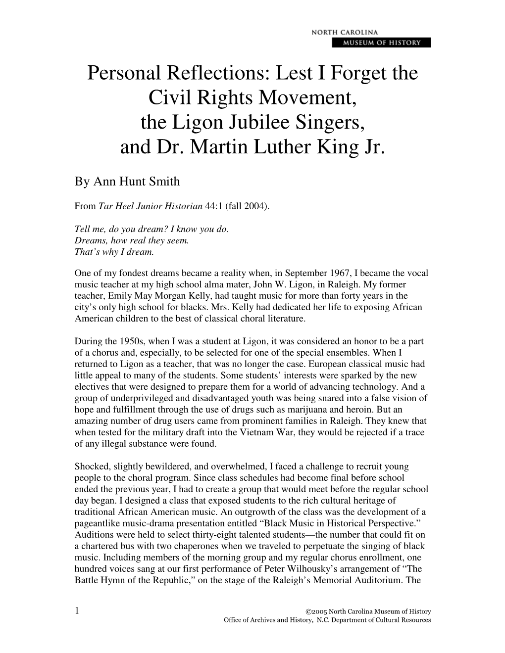 Personal Reflections: Lest I Forget the Civil Rights Movement, the Ligon Jubilee Singers, and Dr