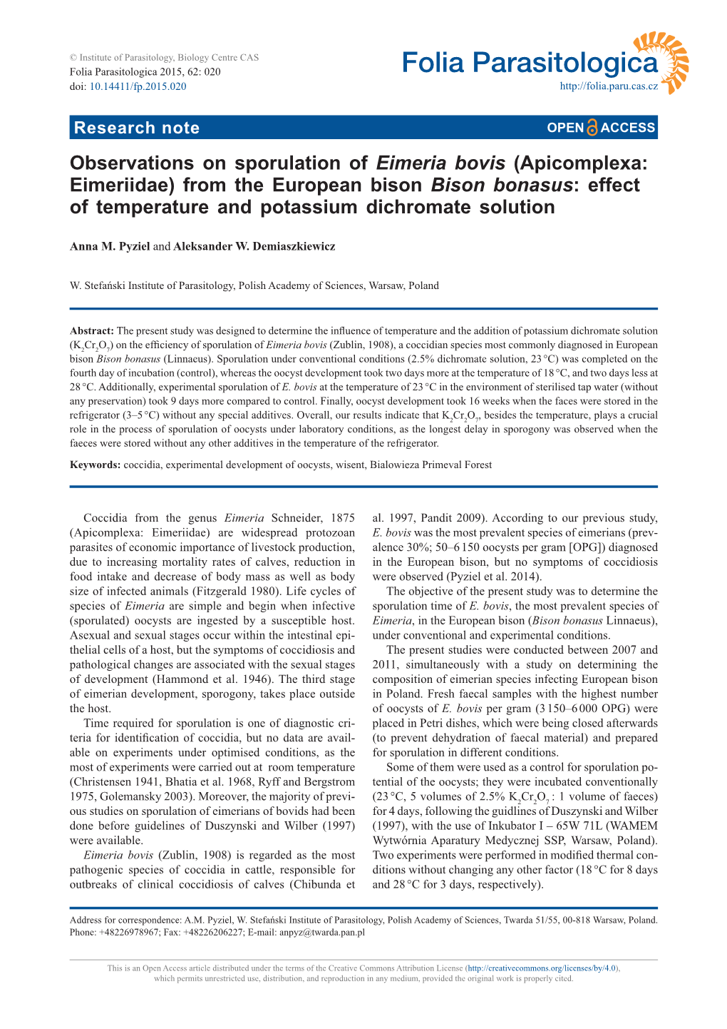 Observations on Sporulation of Eimeria Bovis (Apicomplexa: Eimeriidae) from the European Bison Bison Bonasus: Effect of Temperature and Potassium Dichromate Solution