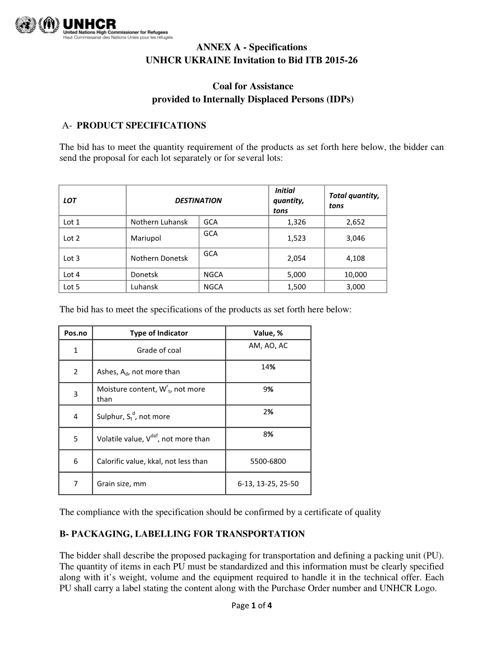 Specifications UNHCR UKRAINE Invitation to Bid ITB 2015-26 Coal for Assistance Provided to Internally Displaced Perso