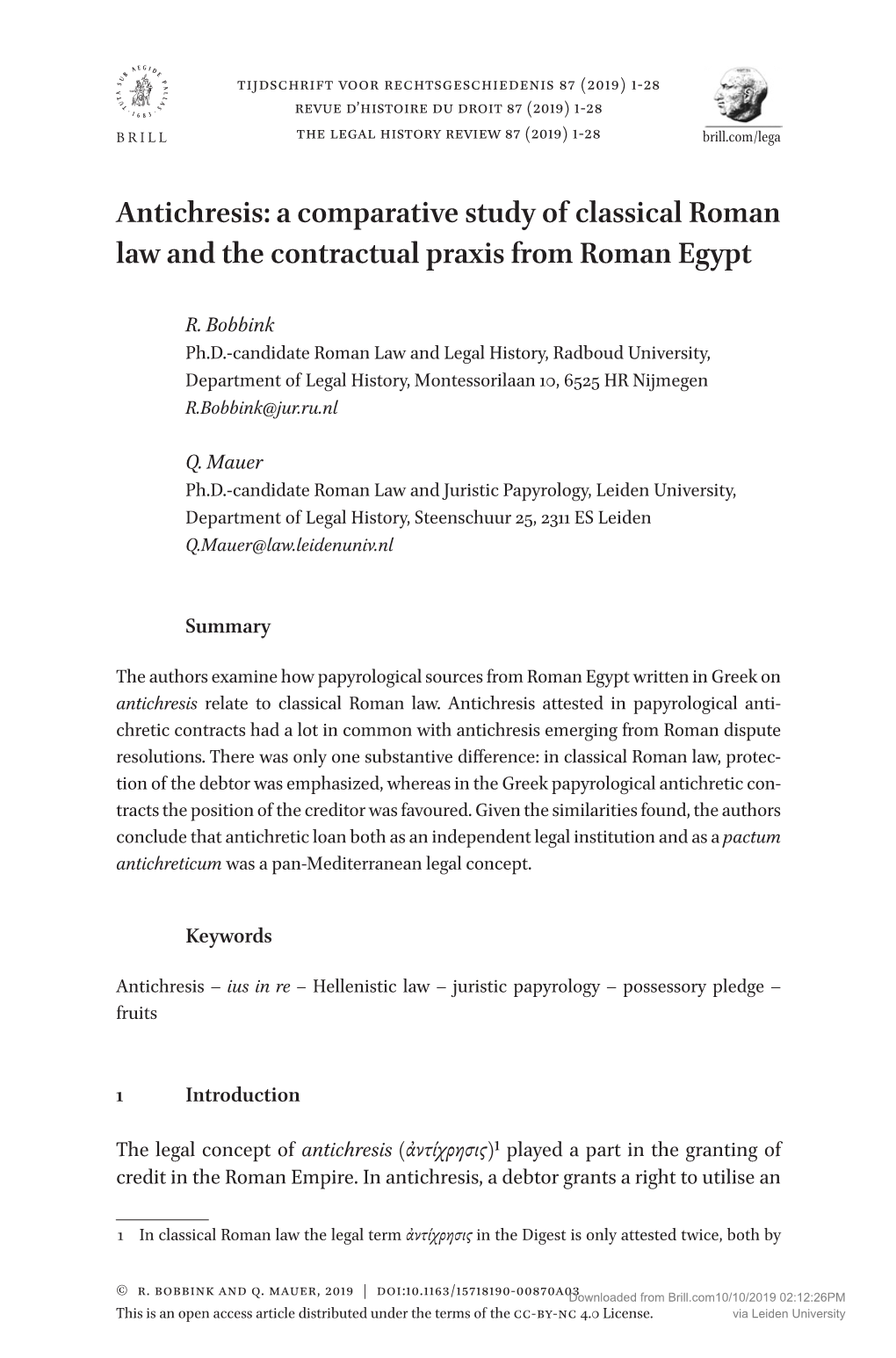 Antichresis: a Comparative Study of Classical Roman Law and the Contractual Praxis from Roman Egypt