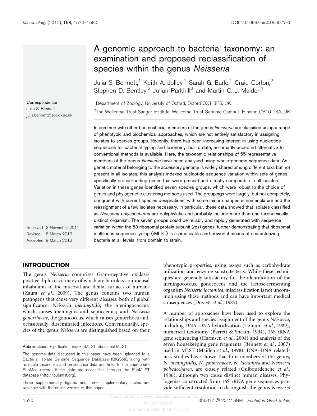 A Genomic Approach to Bacterial Taxonomy: an Examination and Proposed Reclassification of Species Within the Genus Neisseria