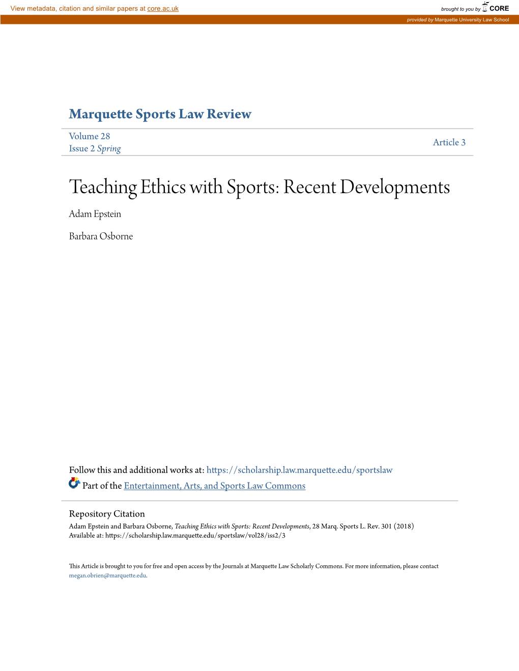 Teaching Ethics with Sports: Recent Developments Adam Epstein