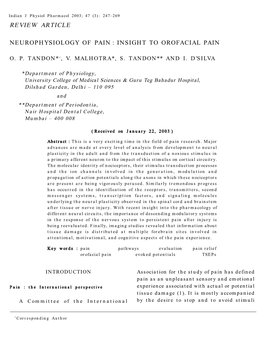 Neurophysiology of Pain : Insight to Orofacial Pain