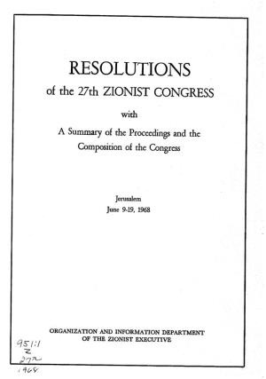 Of the 27Th ZIONIST CONGRESS